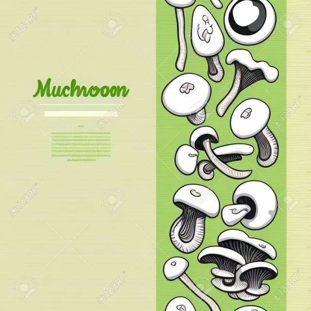 蘑菇繪圖矢量seamlees邊框。孤立的食物框架
