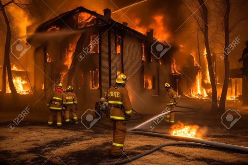 Los bomberos extinguen un incendio en una casa de madera de dos pisos