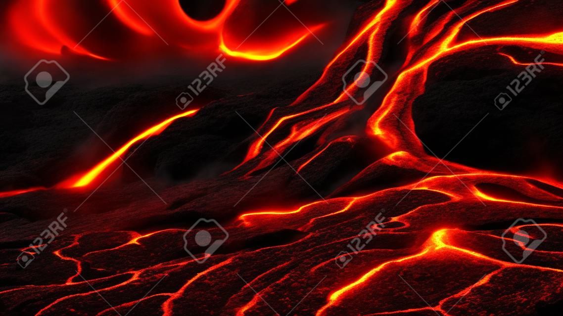 Superfície de rocha fundida texturizada de Magma. Chama de lava no fundo de cinzas pretas. Vulcão, fogo, crosta.