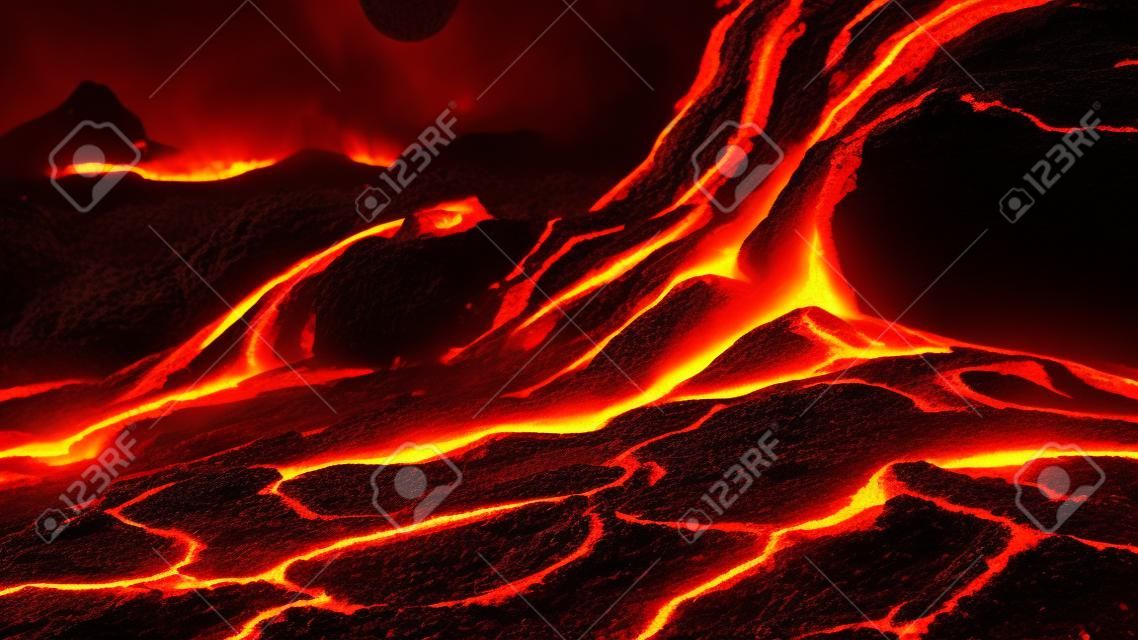 Superfície de rocha fundida texturizada de Magma. Chama de lava no fundo de cinzas pretas. Vulcão, fogo, crosta.