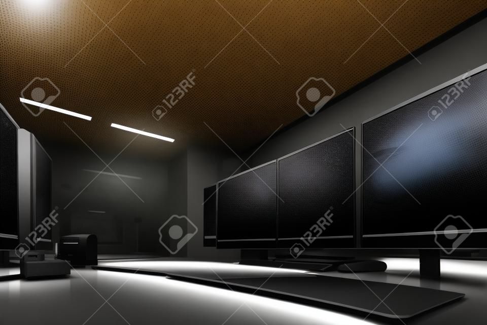 Pusta sala komputerowa z monitorami i klawiaturami.
