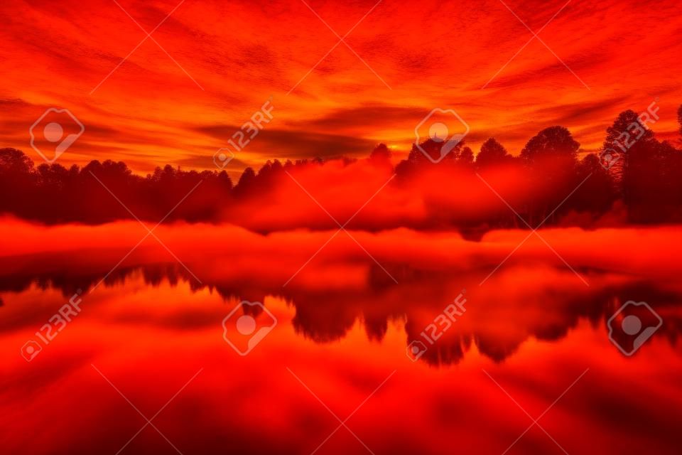Czerwony pomarańczowy jasny ognisty zachód słońca nad krajobrazem lasu.