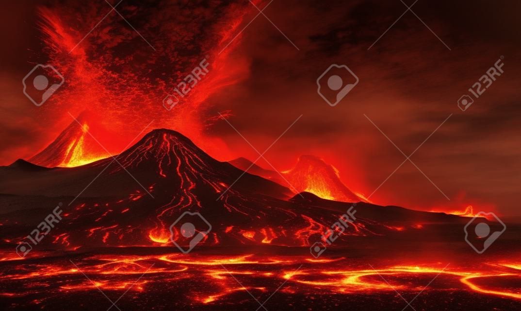Ilustracja erupcji wulkanu. krajobraz gorącej stopionej lawy.