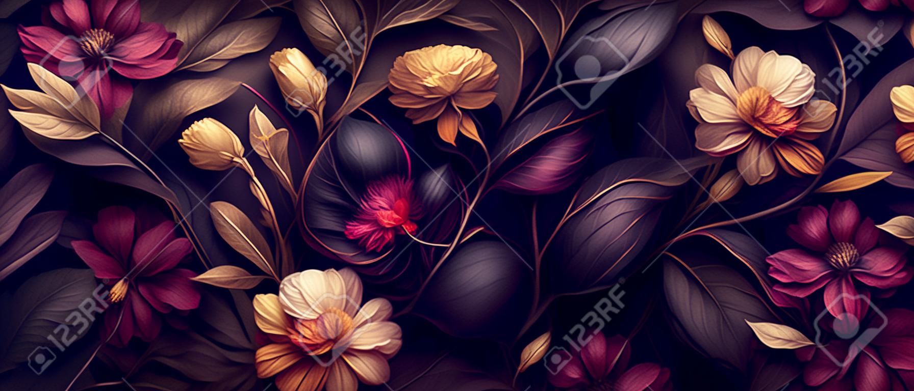 Colorful flowers on dark background. Floral background with copy space