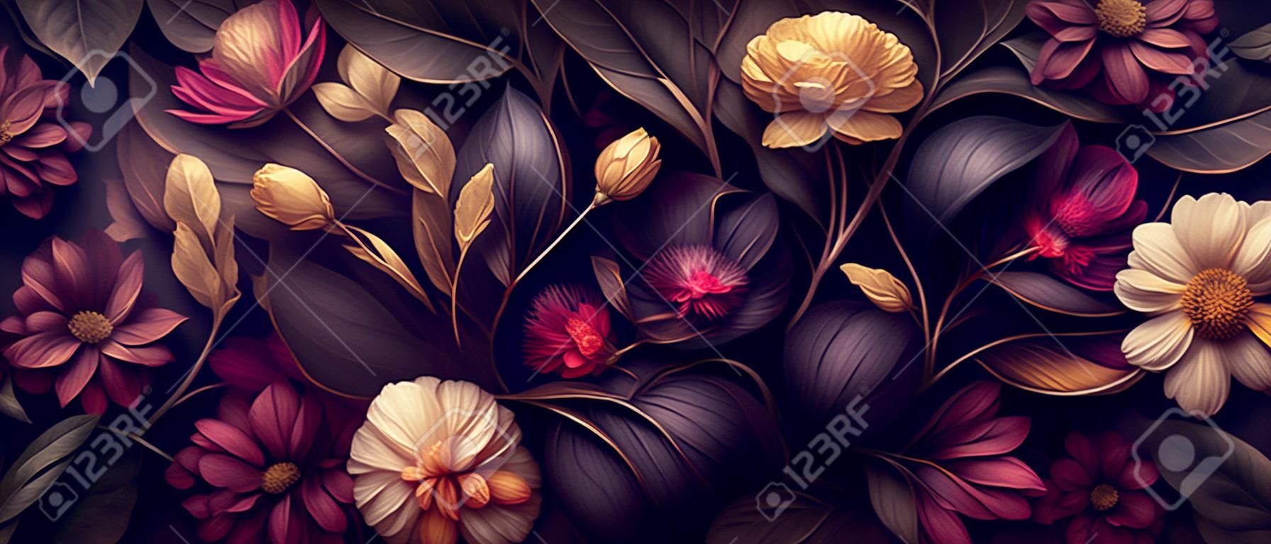Colorful flowers on dark background. Floral background with copy space