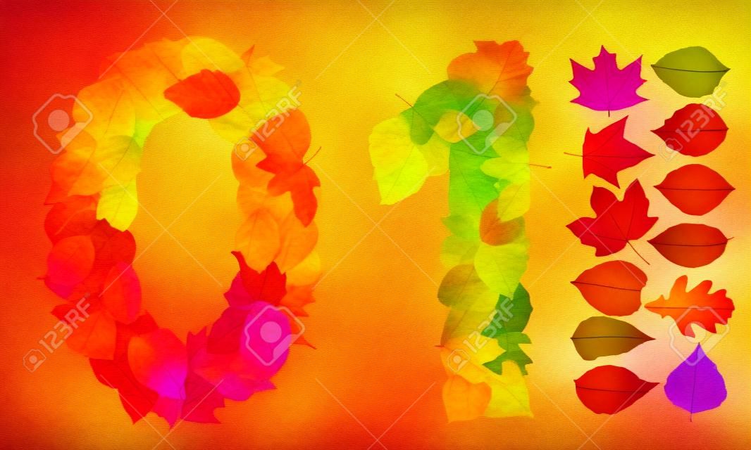 Numbers 0 and 1 made of colorful autumn leaves. Standalone design elements attached