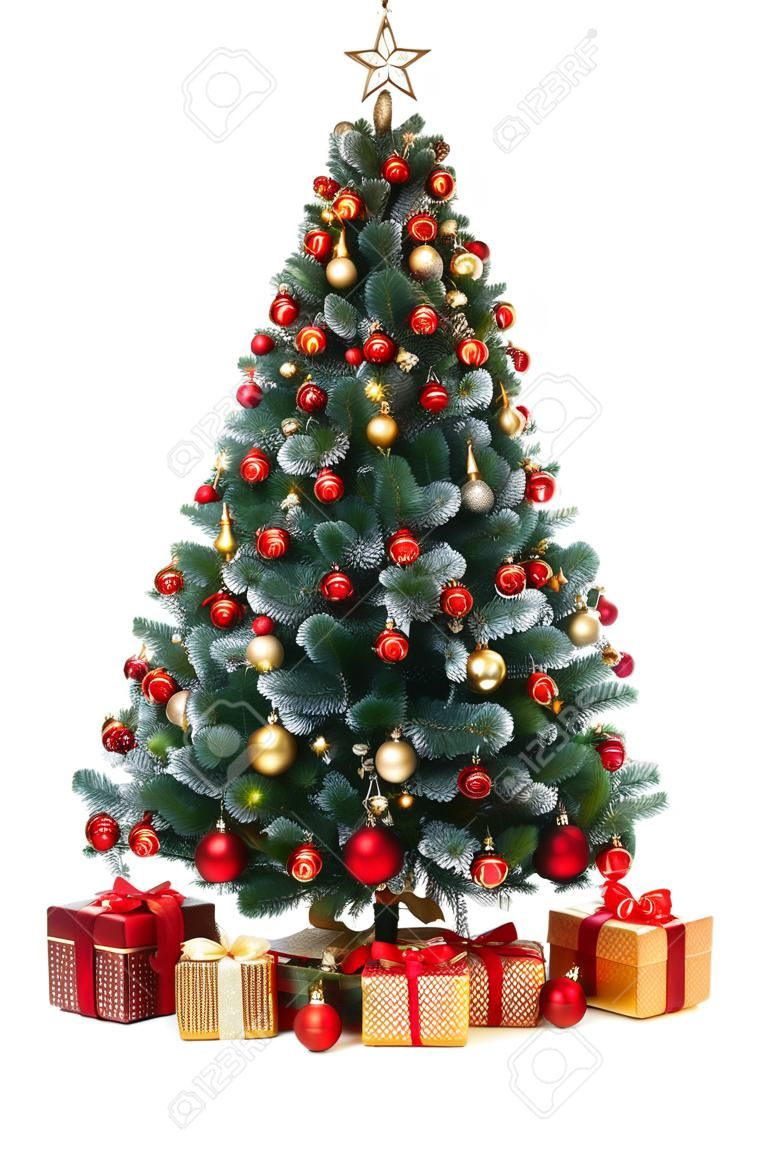 Artificial green Christmas tree, decorated with electric lights, red and golden ornaments, lots of presents under the tree