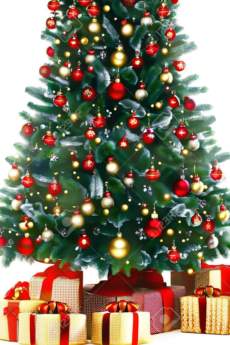 Artificial green Christmas tree, decorated with electric lights, red and golden ornaments, lots of presents under the tree