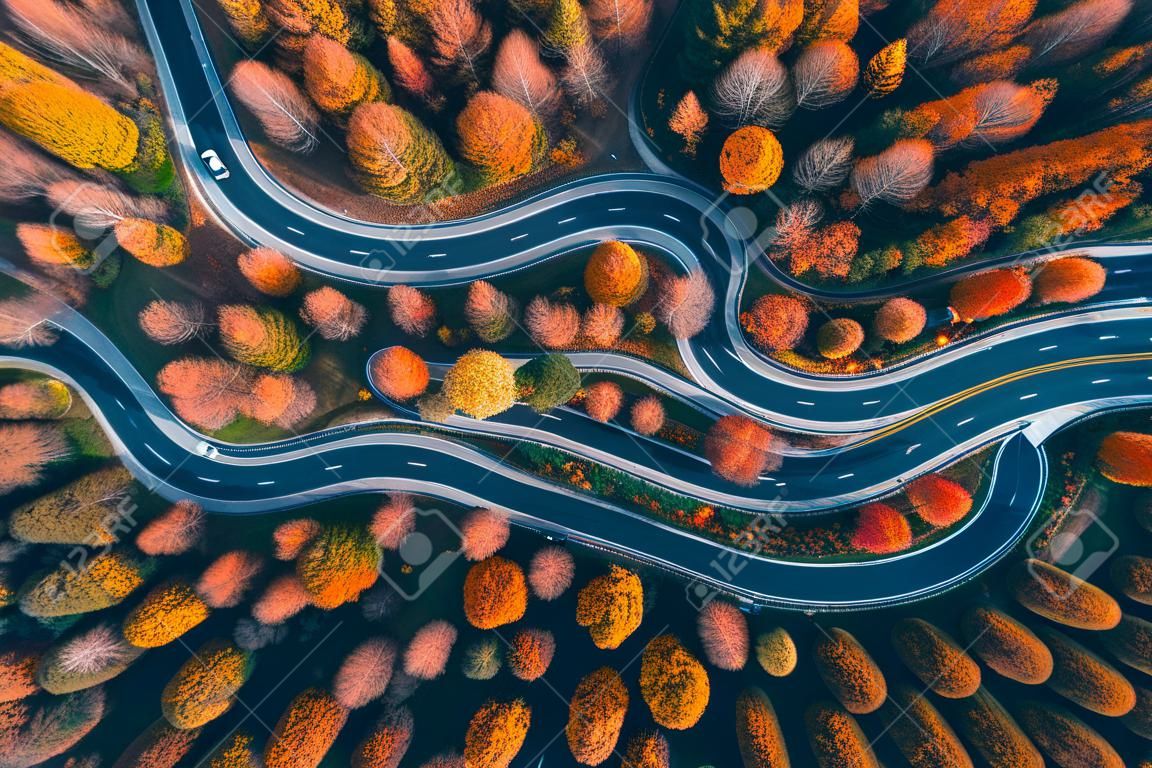Szenische kurvige Straße, die im Herbst von einer Drohne aus gesehen wird.