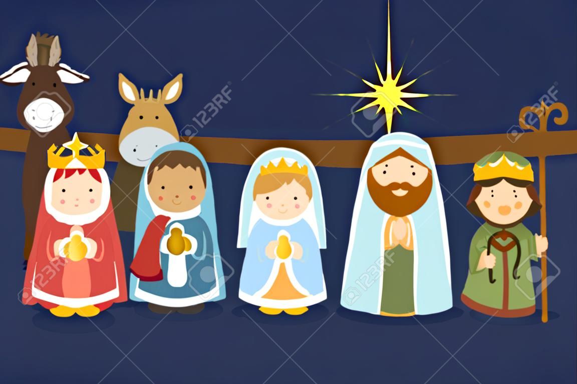 Lindo personajes dibujados a mano de la escena de la Natividad se puede utilizar como bandera de juego de la escuela de Navidad