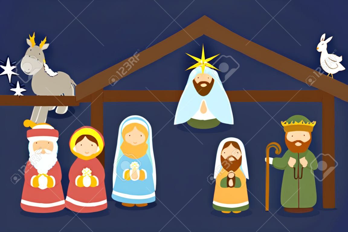 Lindo personajes dibujados a mano de la escena de la Natividad se puede utilizar como bandera de juego de la escuela de Navidad