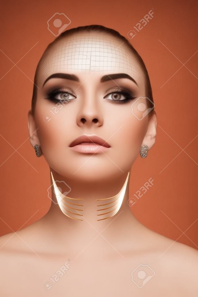 woman with arrows on face neck lifting concept. correction of double chin