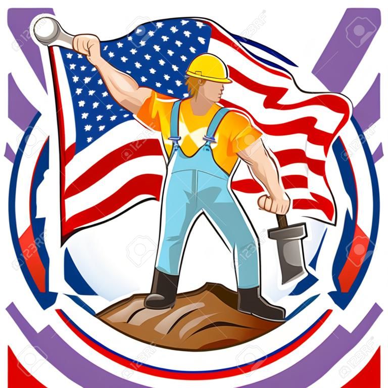アメリカ労働者労働者の日アメリカ労働者労働男保持アメリカ フラグ ハンマーを表す労働者労働者の日