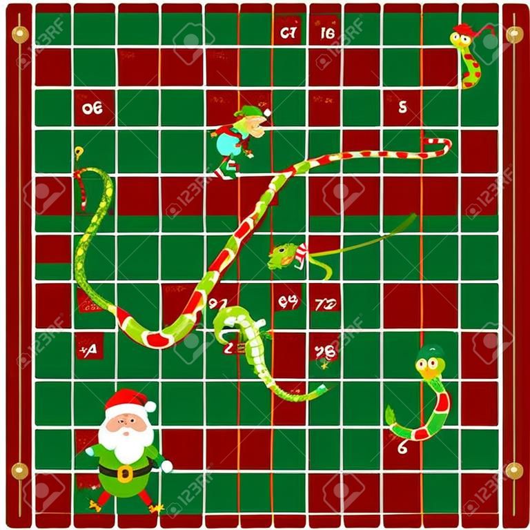 Snakes and Ladders Game Christmas version. Little Santaâ€™s helper holding gift and Grinch stole it. Cartoon style. Vector Illustration.