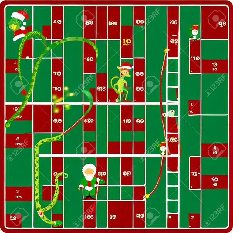 Snakes and Ladders Gioco Versione natalizia. L'aiutante di Babbo Natale con in mano un regalo e Grinch lo ruba. Stile cartone animato. Illustrazione di vettore.