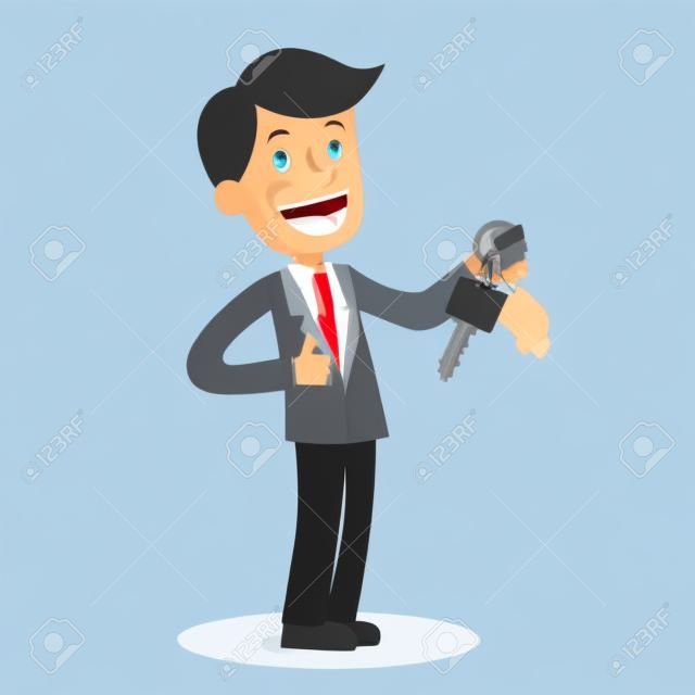 Car sale. Businessman or manager is holding a key of a new car. Happy, smile. Business concept cartoon illustration.