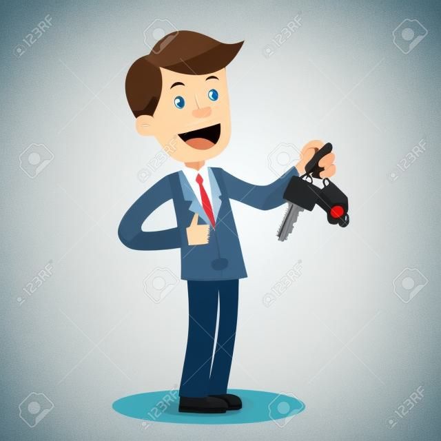 Vendita auto. Uomo d'affari o manager è in possesso di una chiave di una nuova auto. Sorriso felice. Illustrazione del fumetto di concetto di affari.