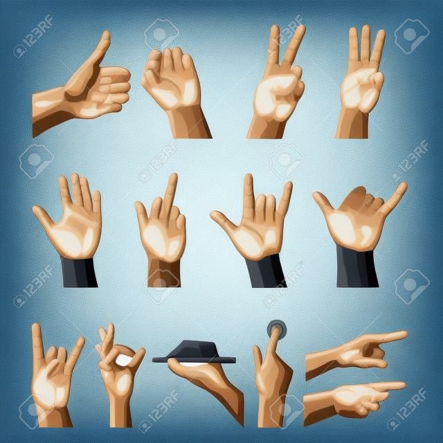 Vector hands sign gesture set. Collection of human hands isolated on white