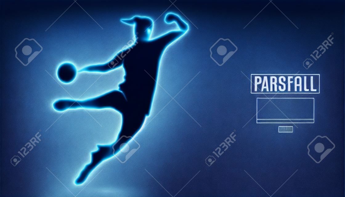 Abstract silhouette of a wireframe handball player from particles on the background.