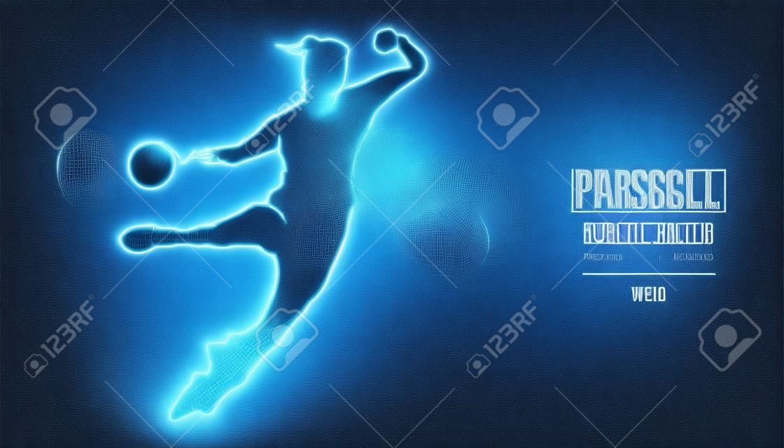 Abstract silhouette of a wireframe handball player from particles on the background.