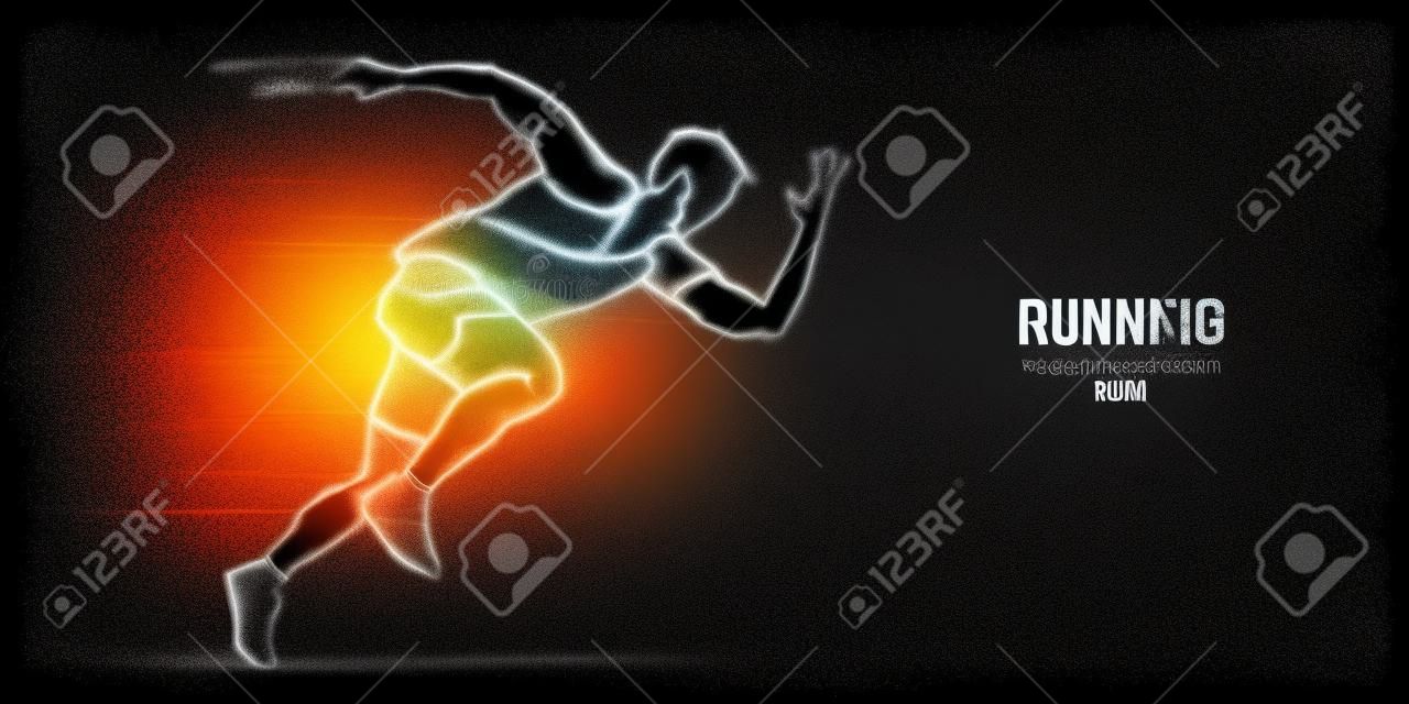 Streszczenie sylwetka biegacza sportowca na czarnym tle. biegacz biegnie sprintem lub maratonem. ilustracja wektorowa