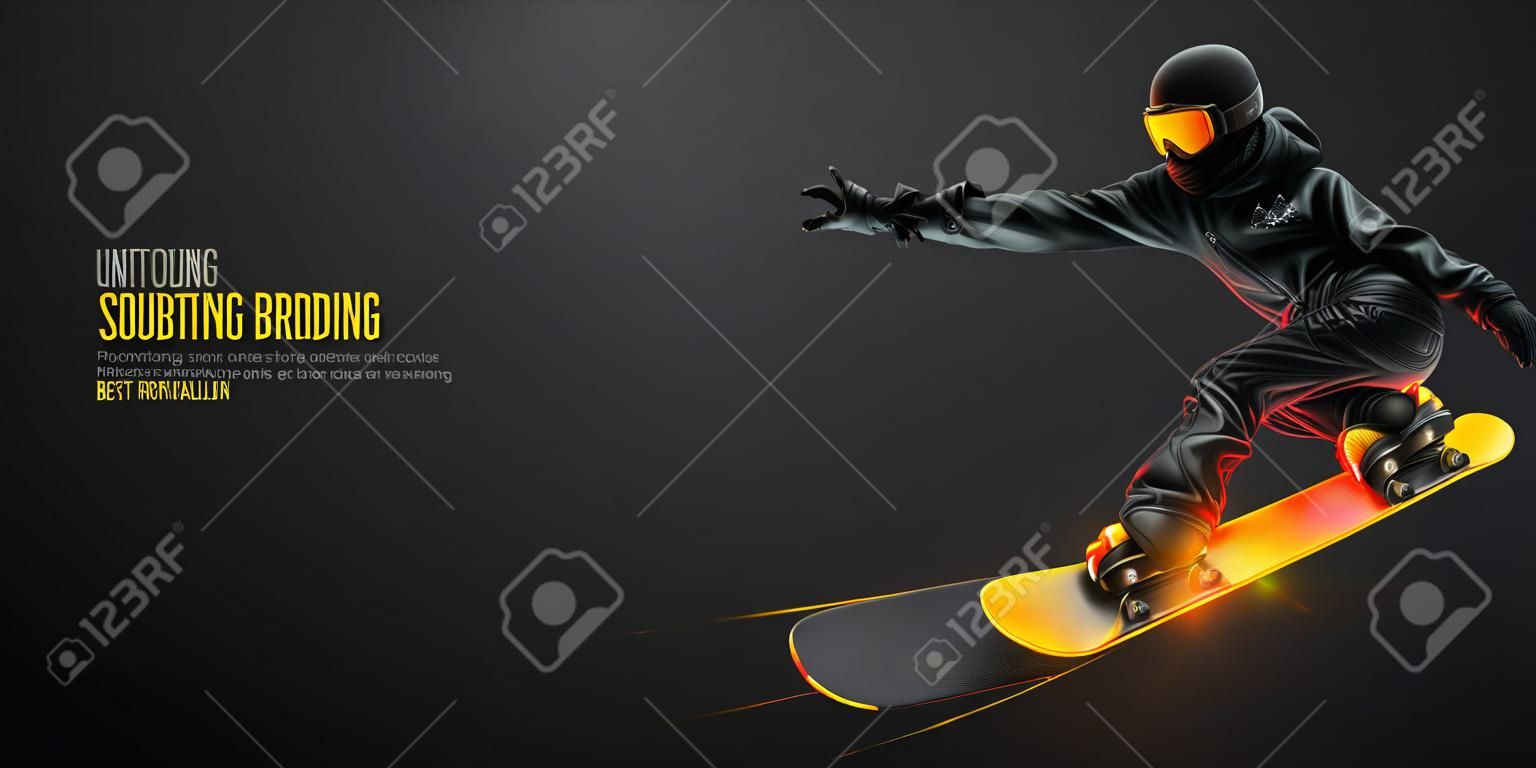 Abstrakte Silhouette eines Snowboardens auf schwarzem Hintergrund. Der Snowboarder macht einen Trick. Carving. Vektor