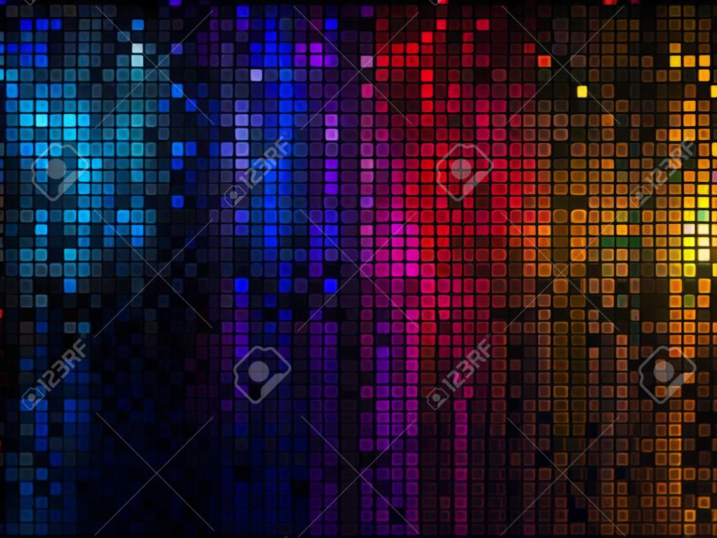 Arrière-plan disco de lumières abstraite multicolore. Mosaïque de pixels carrés