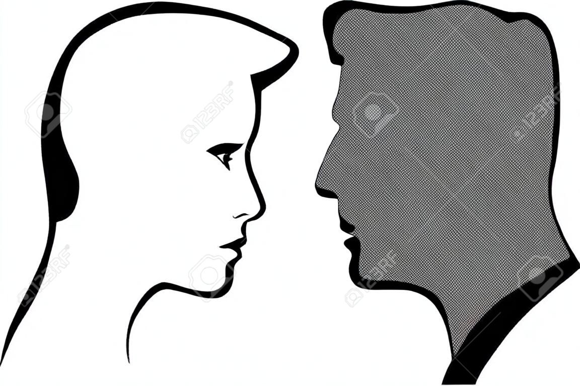 man and woman face profile silhouette, male female couple 