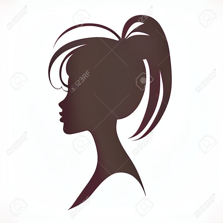 Vrouw gezicht silhouet. Meisje hoofd. Profiel silhouet van mooi vrouwelijk gezicht met haar staart