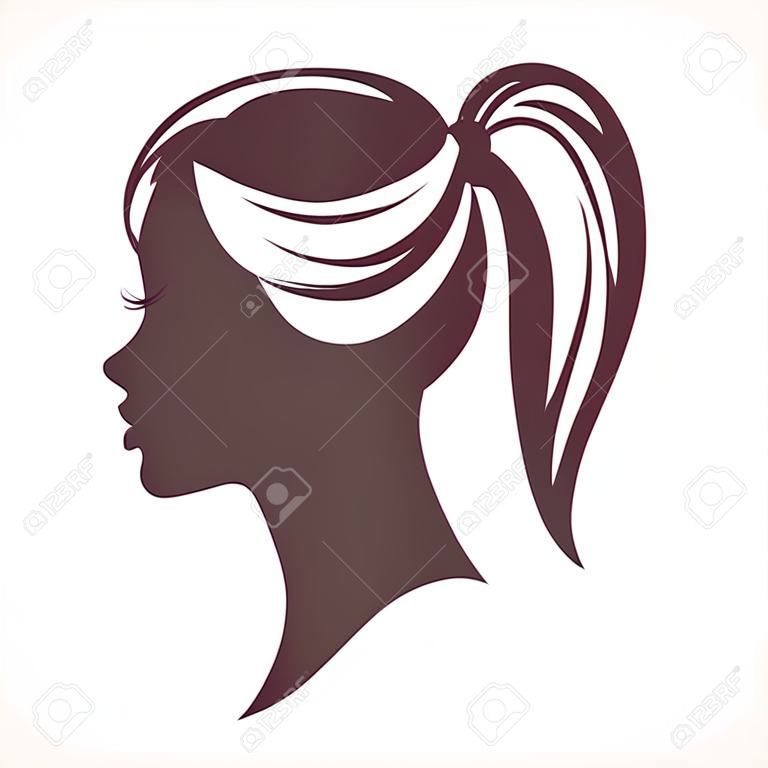 Woman face silhouette. Girl head. Profile silhouette of pretty female face with hair tail