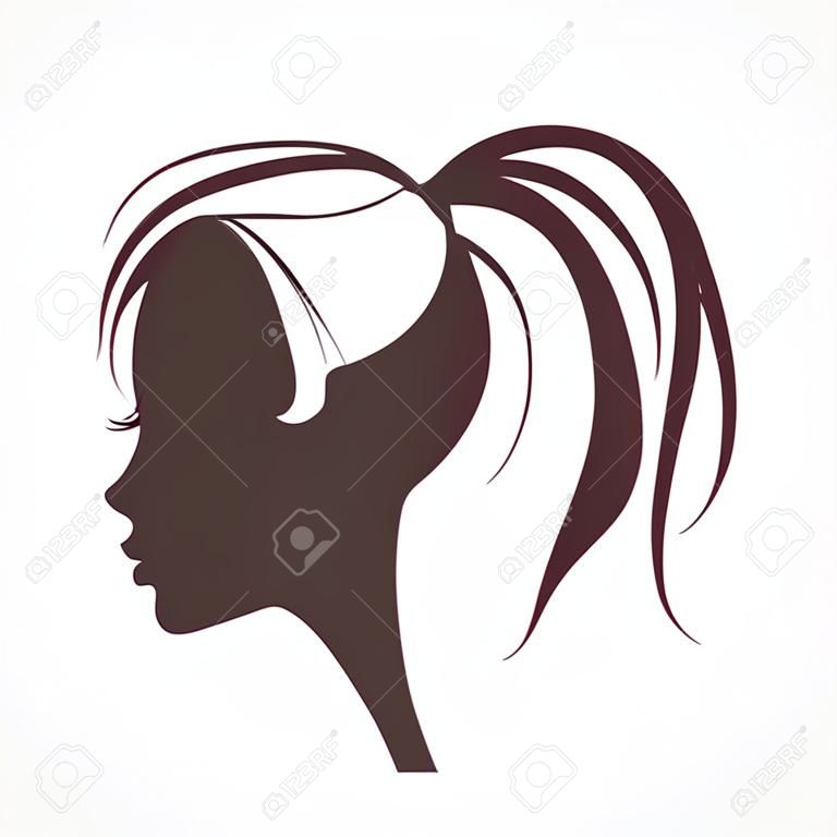 Woman face silhouette. Girl head. Profile silhouette of pretty female face with hair tail