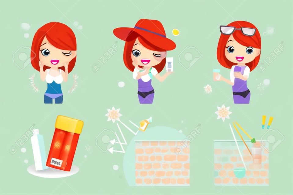 Cute cartoon woman with sunscreen before and after