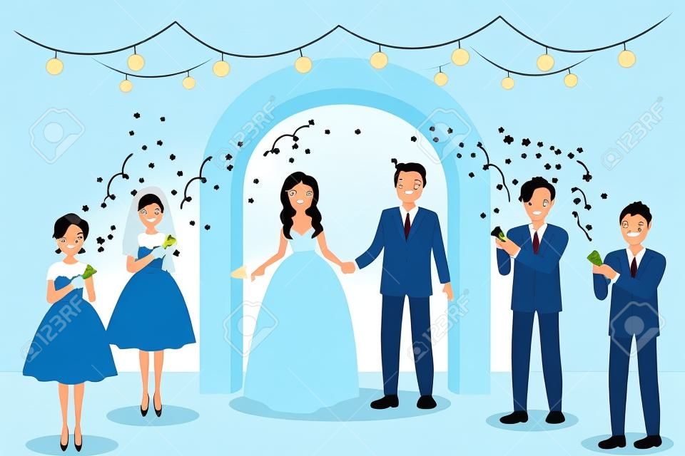 Cartoon people marry on the blue illustration.