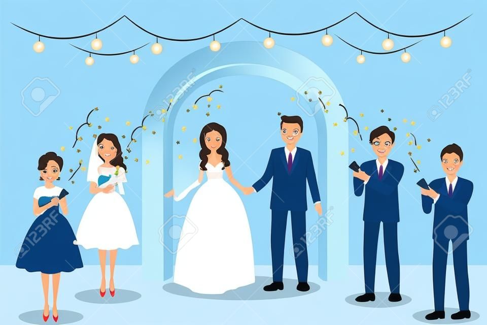 Cartoon people marry on the blue illustration.