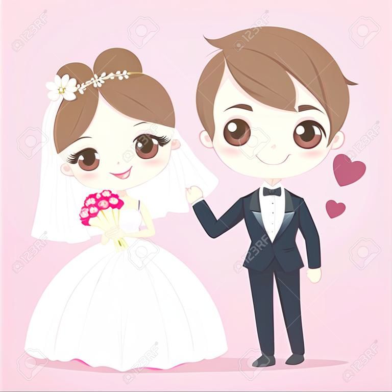 ilustración de dibujos animados lindo de la pareja casada en el fondo de color rosa