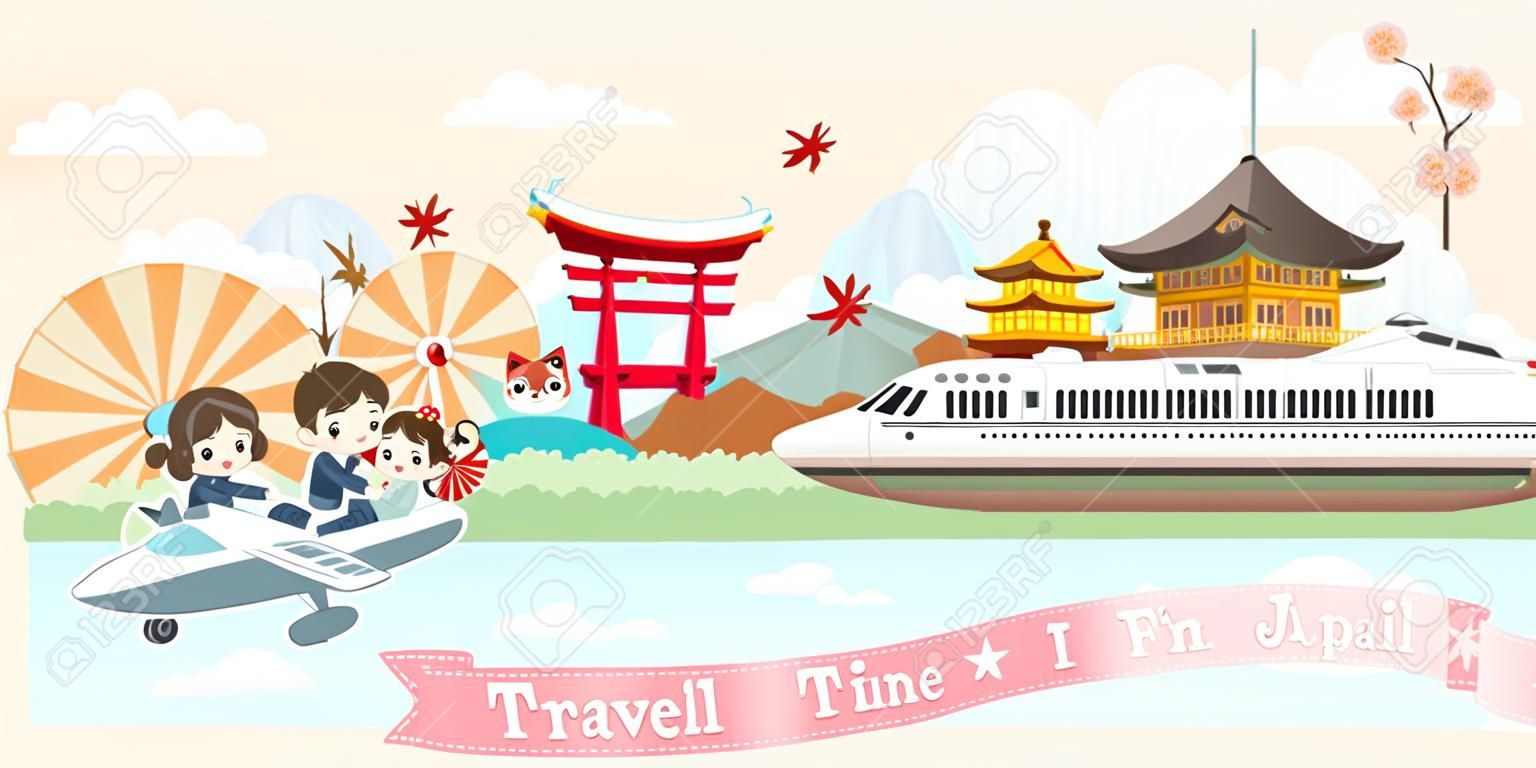 милый мультфильм семья счастливо путешествует по Японии