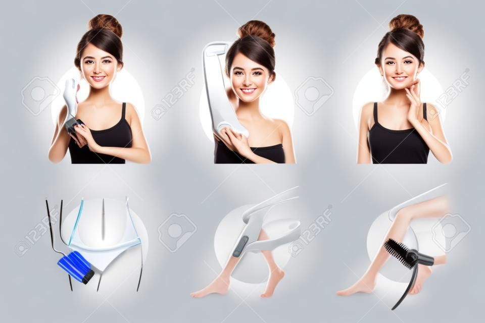 Set of woman grooming with different hair removal tools on white background