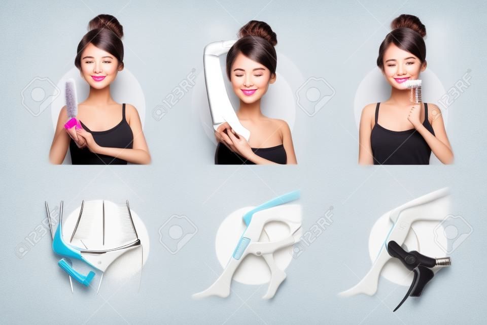 Satz von Frauenpflege mit verschiedenen Haarentfernungswerkzeugen auf weißem Hintergrund