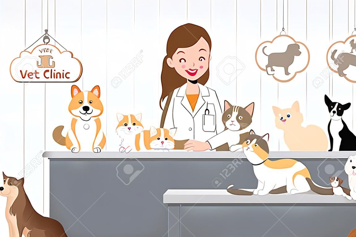 cartoon veterinarian and many pets are happy in the vet clinic