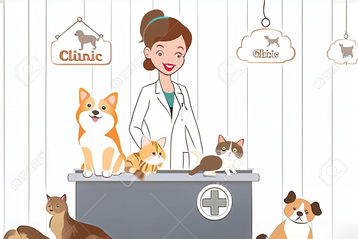 cartoon veterinarian and many pets are happy in the vet clinic