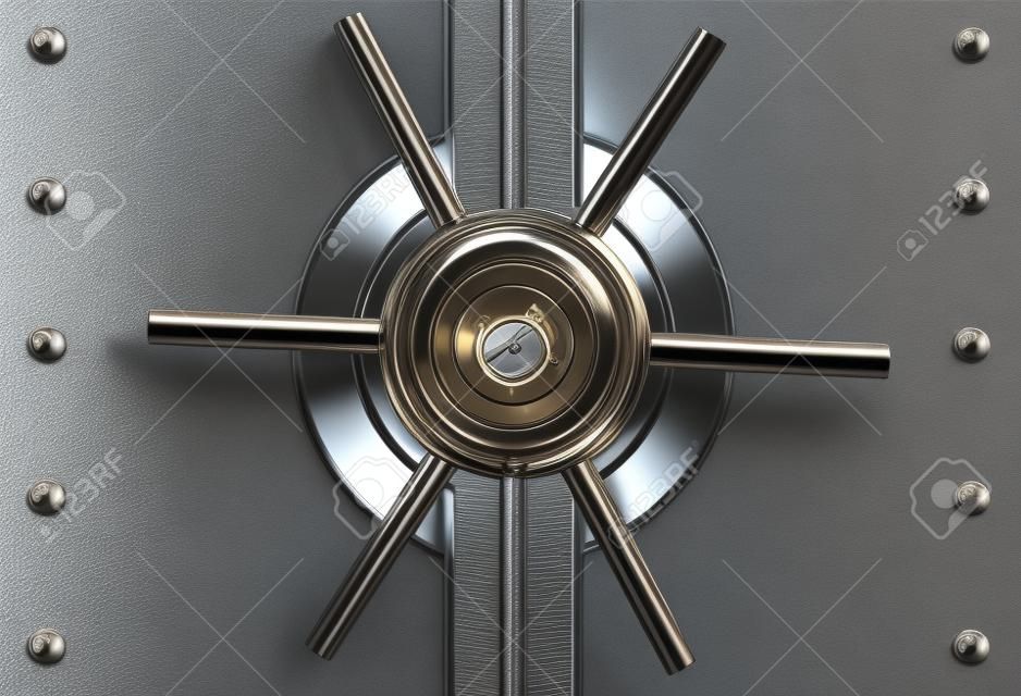 a close up of a shiny steel vault door and combination lock