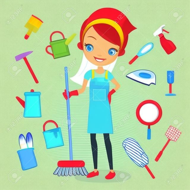 femme au foyer de dessin animé faire le nettoyage de ménage et sourire à vous