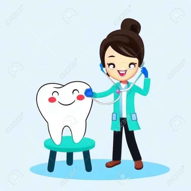 可愛的卡通牙醫醫生與牙齒，偉大的健康牙科護理概念