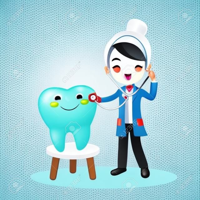 Médecin dentiste dessin animé mignon avec dent, idéal pour le concept de soins dentaires de santé