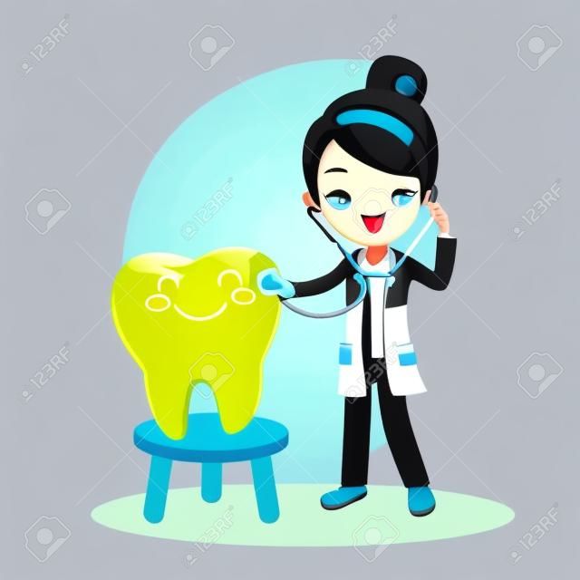 건강을위한 훌륭한 치아와 귀여운 만화 치과 의사 치과 치료 개념