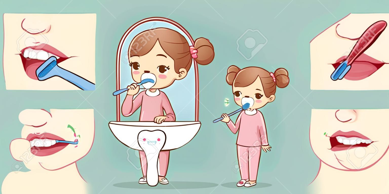 cartoon jong meisje leren hoe je je tanden poetsen
