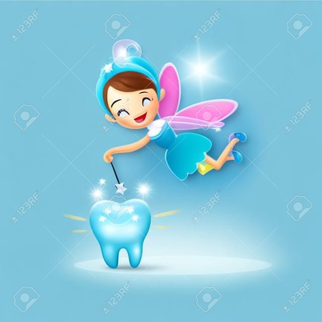 cartoon  tooth with tooth fairy and magic wand, great for dental care concept