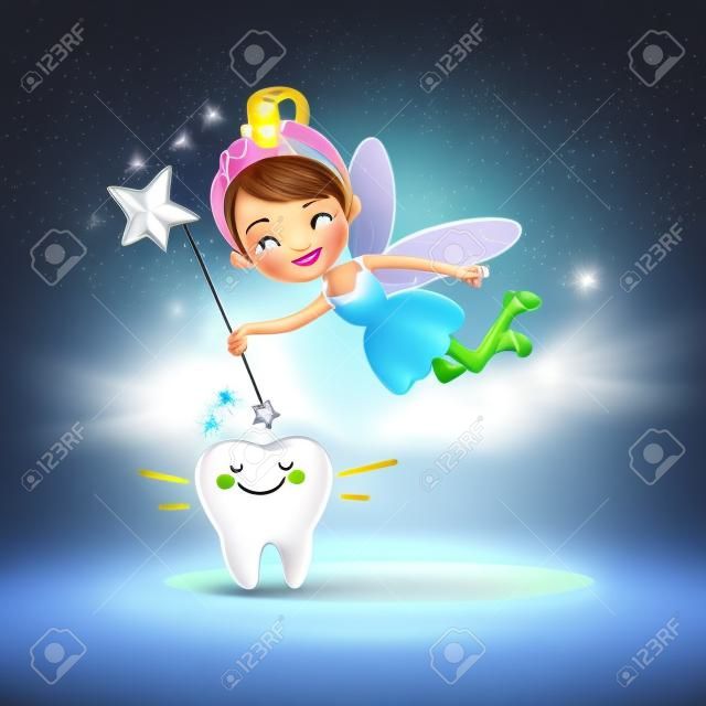 cartoon  tooth with tooth fairy and magic wand, great for dental care concept