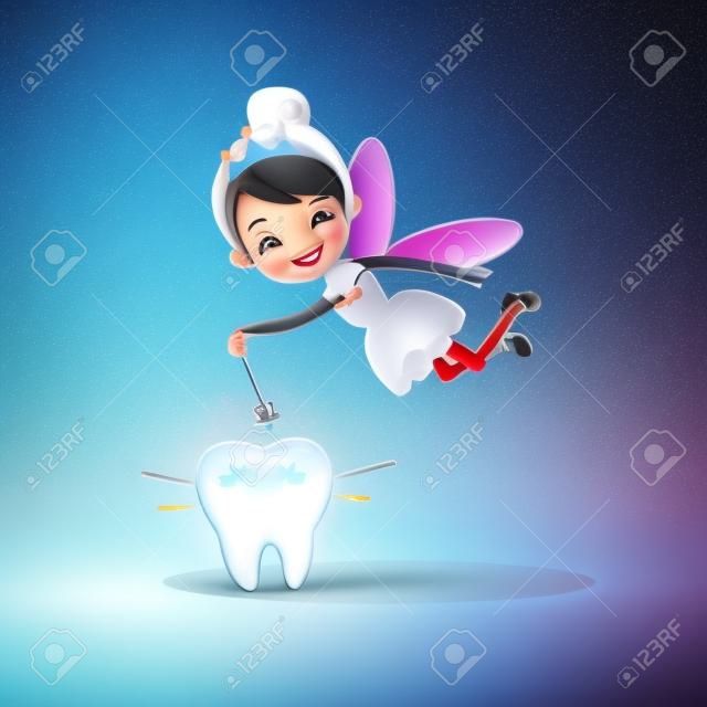 卡通牙齿与牙齿仙女和魔杖伟大的牙齿护理概念