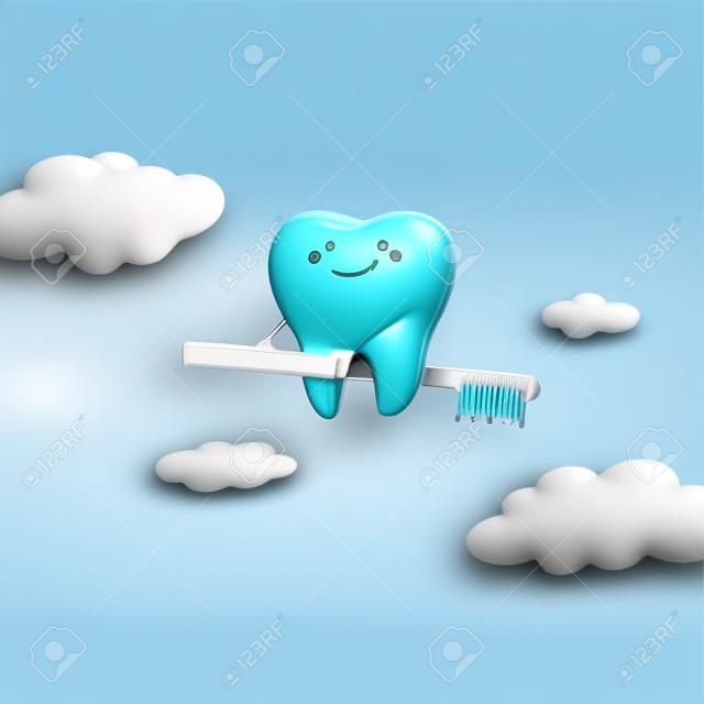 卡通牙齒牙刷進入天空，偉大的牙科保健理念